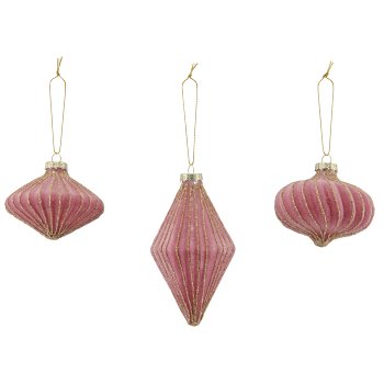 Glass hanger ball ornament, 3 assorted, organic glitter, 7.5x6/7x12.5cm, pale pink