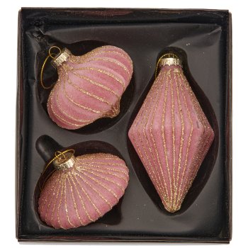 Glass hanger ball ornament, 3 assorted, organic glitter, 7.5x6/7x12.5cm, pale pink