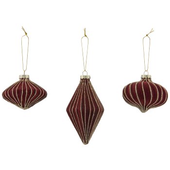 Glass hanger ball ornament, 3 assorted, organic glitter, 7.5x6/7x12.5cm, mauve