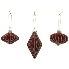 Glass hanger ball ornament, 3 assorted, organic glitter, 7.5x6/7x12.5cm, mauve