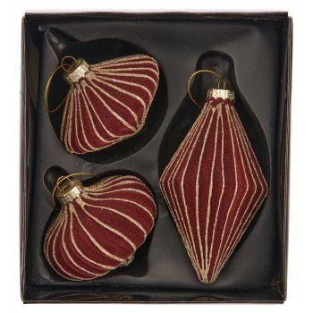 Glass hanger ball ornament, 3 assorted, organic glitter, 7.5x6/7x12.5cm, mauve