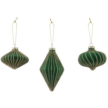 Glass hanger ball ornament, 3 assorted, organic glitter, 7.5x6/7x12.5cm, light green