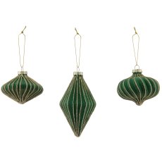 Glass hanger ball ornament, 3 assorted, organic glitter, 7.5x6/7x12.5cm, light green