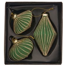 Glass hanger ball ornament, 3 assorted, organic glitter, 7.5x6/7x12.5cm, light green