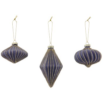 Glass hanger ball ornament, 3 assorted, organic glitter, 7.5x6/7x12.5cm, dove blue