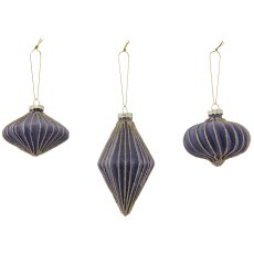 Glass hanger ball ornament, 3 assorted, organic glitter, 7.5x6/7x12.5cm, dove blue