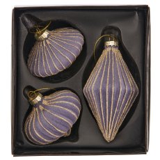 Glass hanger ball ornament, 3 assorted, organic glitter, 7.5x6/7x12.5cm, dove blue