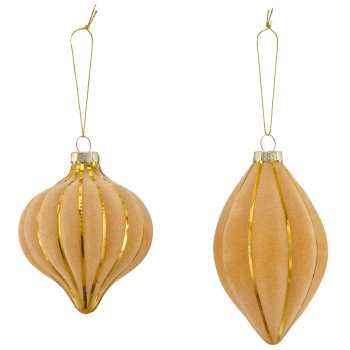 Glass hanger ball ornament, lined, 2 assorted, organic glitter, 6.5x12cm, curry