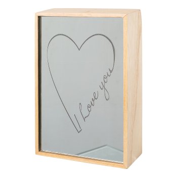 Glass object in wooden frame w.LED I LOVE YOU, 12x5x18cm, clear