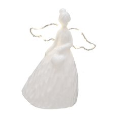 Ceramic angel, w.metal wings, w.LED, 14x11x6,5cm, white