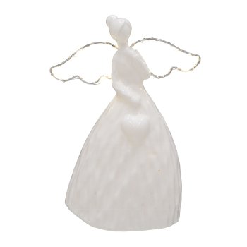 Keramik Engel, m.Metall Flügel, m.LED, 18x13x8,5cm, Weiß