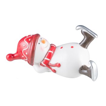 Ceramic snowman, lying, 3 assorted 5x11x6,5cm, red