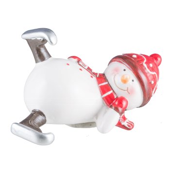 Ceramic snowman, lying, 3 assorted 5x11x6,5cm, red