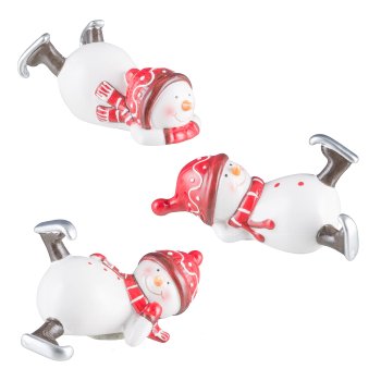 Ceramic snowman, lying, 3 assorted 5x11x6,5cm, red