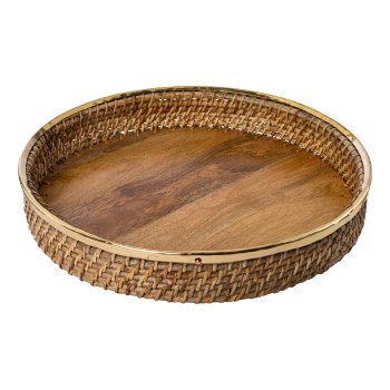 Rattan tray w.brass rim SOUL, 30x30x6,5/36x36x6,5/41x41x6,5c m, natural, 3/set