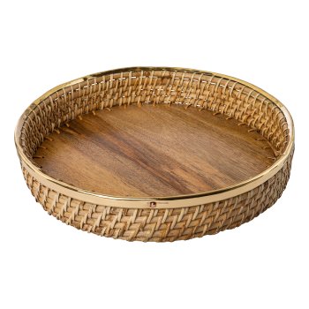 Rattan tray w.brass rim SOUL, 30x30x6,5/36x36x6,5/41x41x6,5c m, natural, 3/set