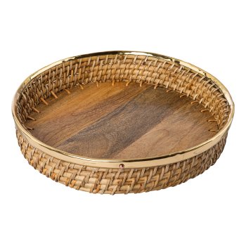 Rattan tray w.brass rim SOUL, 30x30x6,5/36x36x6,5/41x41x6,5c m, natural, 3/set