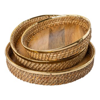 Rattan tray w.brass rim SOUL, 30x30x6,5/36x36x6,5/41x41x6,5c m, natural, 3/set