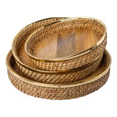Rattan tray w.brass rim SOUL, 30x30x6,5/36x36x6,5/41x41x6,5c m, natural, 3/set