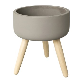 Cement Bowl On Wooden Feet, 14x14x16,2cm, Grey