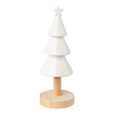 Ceramic tree on wooden base, 9x9x25cm, white