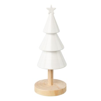 Ceramic tree on wooden base, 11x11x29,5cm, white