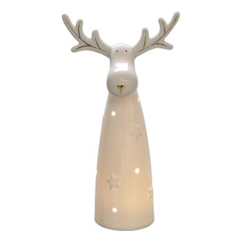Keramik Hirsch m.LED Goldkonmtour, 15,5x10x29,5cm, weiß