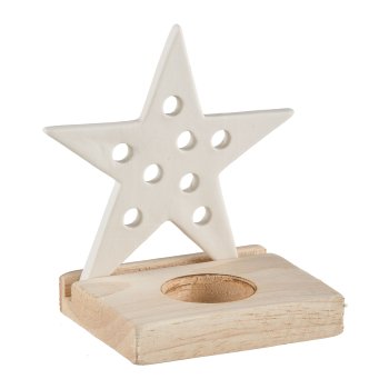 Porzellan Stern, auf Holzbase, Teelichthalter 12x8x12,5cm, Weiß