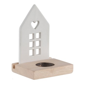 Porcelain house, on wooden base, tealight holder 9.5x8x13.5cm, white