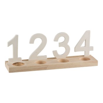 Porzellan Zahlen 1-4, auf Holzbase, Teelichthalter 30x10,5x11cm, Weiß