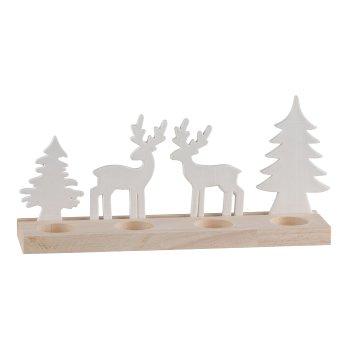 Porcelain 4 motifs, on wooden base Tealight holder 30x8x14cm, white