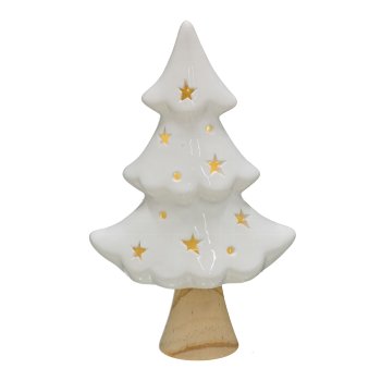 Ceramic tree, w.LED, on wooden base 14x8x23cm, white