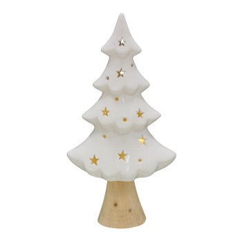 Ceramic tree, w.LED, on wooden base 16x9x32cm, white