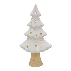 Ceramic tree, w.LED, on wooden base 16x9x32cm, white