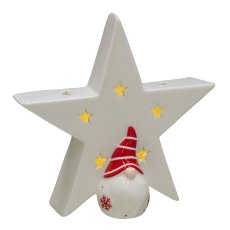 Ceramic star with Father Christmas figure, w.LED 20x7x19cm, white