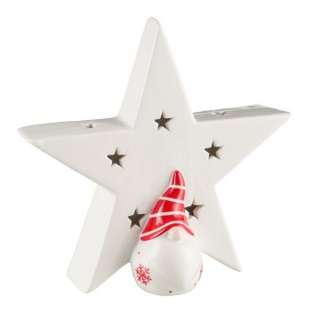Ceramic star with Father Christmas figure, w.LED 20x7x19cm, white