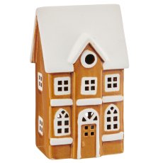 Porcelain house with LED, 10x7.5x18cm, cinnamon