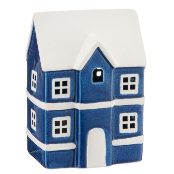 Porcelain house with LED, 10x7x14cm, blue