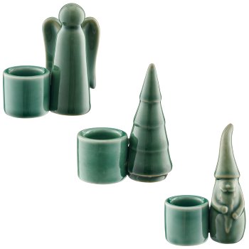 Porcelain candle holder, glazed, 3assorted, 6x3.5x8.5cm, dark green