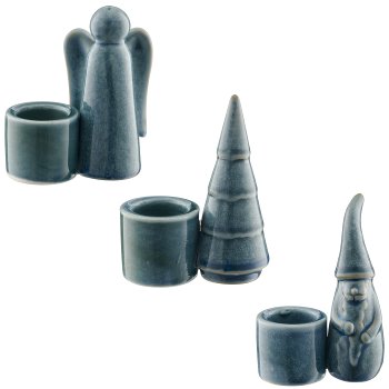 Porcelain candle holder, glazed, 3assorted, 6x3.5x8.5cm, blue