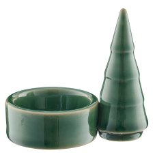 Porzellan Teelichthalter glasiert, 3fa.so., 9x5,5x8,5cm, dunkelgrün