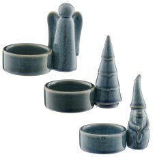 Porcelain tealight holder, glazed, 3assorted, 9x5.5x8.5cm, blue