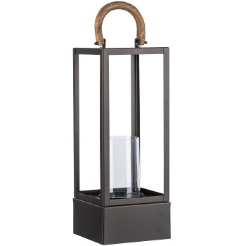 Metall Windlicht RIGA m. Mangoholzhenkel, m. Glas, 18x18x48cm, Schwarz