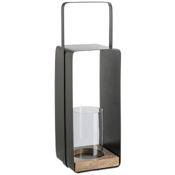 Metall Windlicht m.Henkel mit Glas in Holzfassung, 15x15x50cm, Schwarz