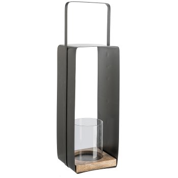 Metal Lantern w.Handle with Glass in Wooden Frame, 18x18x63cm, black
