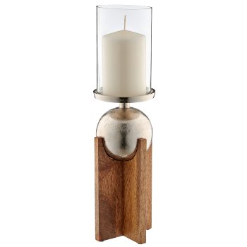 Mango wood lantern with aluminium ball with glass, 12x12x39cm, natural