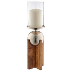 Mango wood lantern with aluminium ball with glass, 12x12x39cm, natural