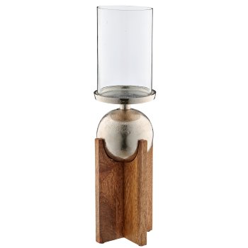 Mango wood lantern with aluminium ball with glass, 12x12x39cm, natural