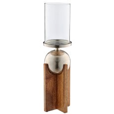 Mangoholz Windlicht mit Aluminiumkugel mit Glas, 12x12x39cm, natur