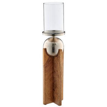 Mangoholz Windlicht mit Aluminiumkugel mit Glas, 12x12x50cm, natur
